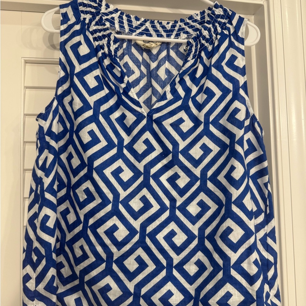 Boden Georgia Linen Sleeveless Blue and White Geometric Women's Top - Size 8 US